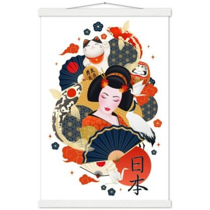 Kakemono Geisha japonaise entourée de carpes colorées Deco Sticker Store